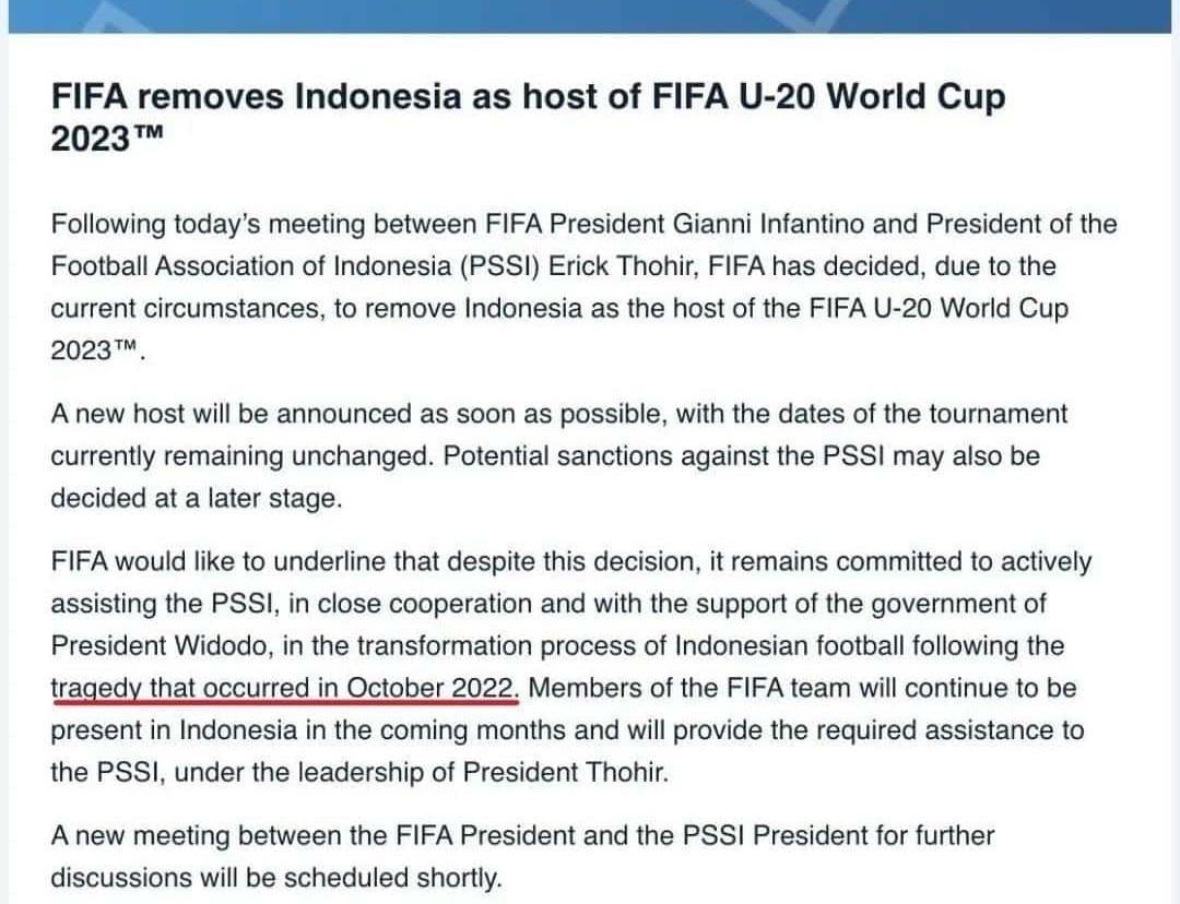 Tidak Ada Kata Israel, Dalam Pernyataan FIFA Piala Dunia U20 Di Indonesia Batal Karena Tragedi Kanjuruhan?