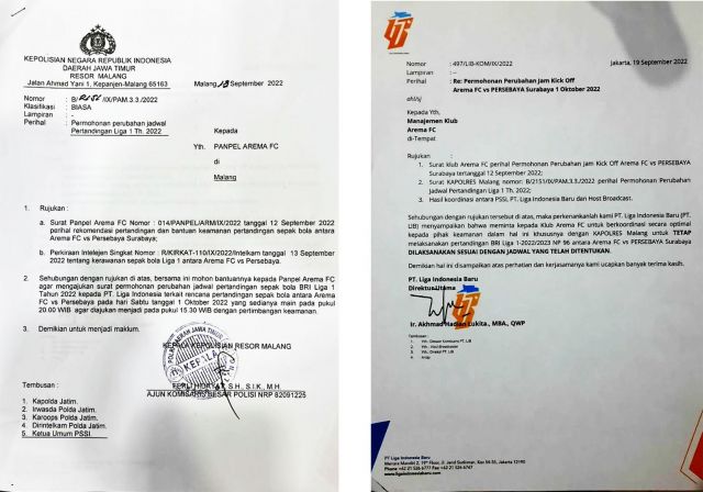 Beredar Surat Permohonan Kepolisian Untuk Majukan Jadwal Pertandingan Sebelum Tragedi Di Stadion Kanjuruhan